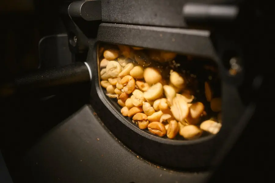 Café recién tostado girando en el tambor de nuestra tostadora